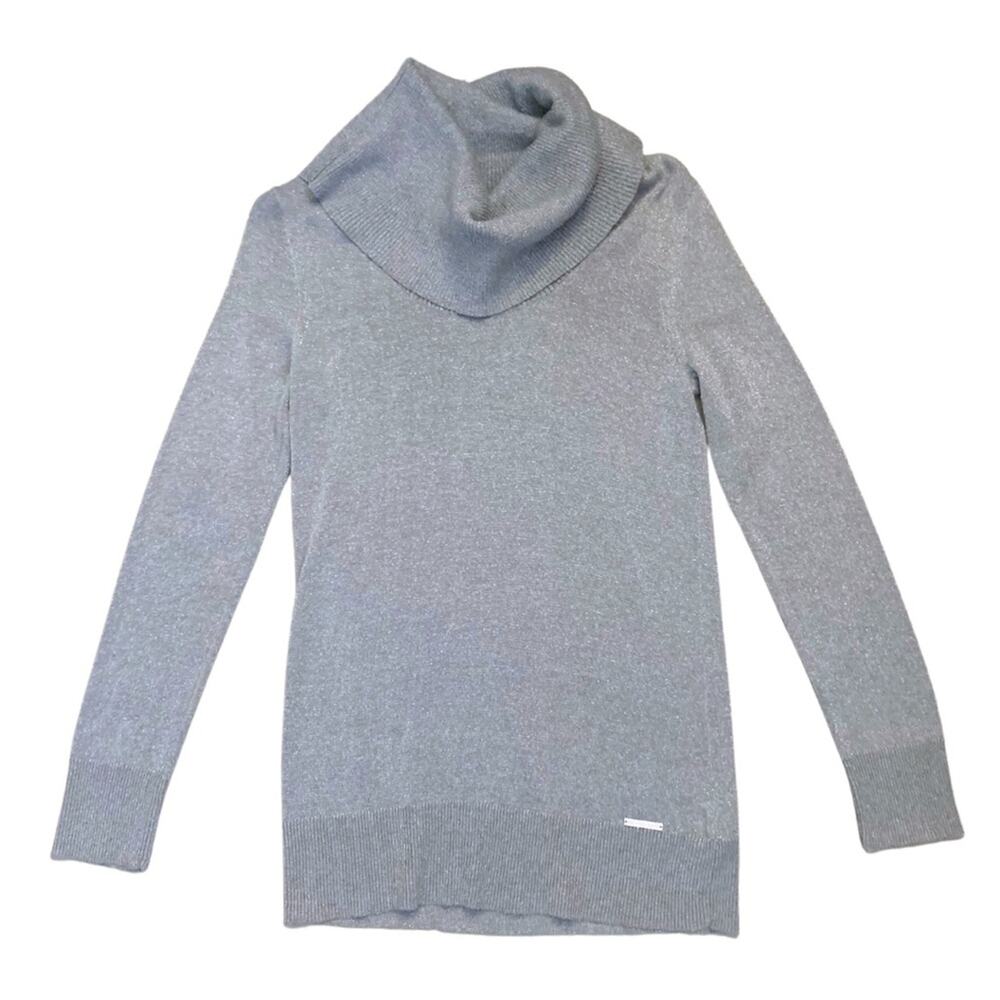 Michael Kors Turtleneck Cowl Long Sleeve Metallic Silver Gray Sweater Sparkly